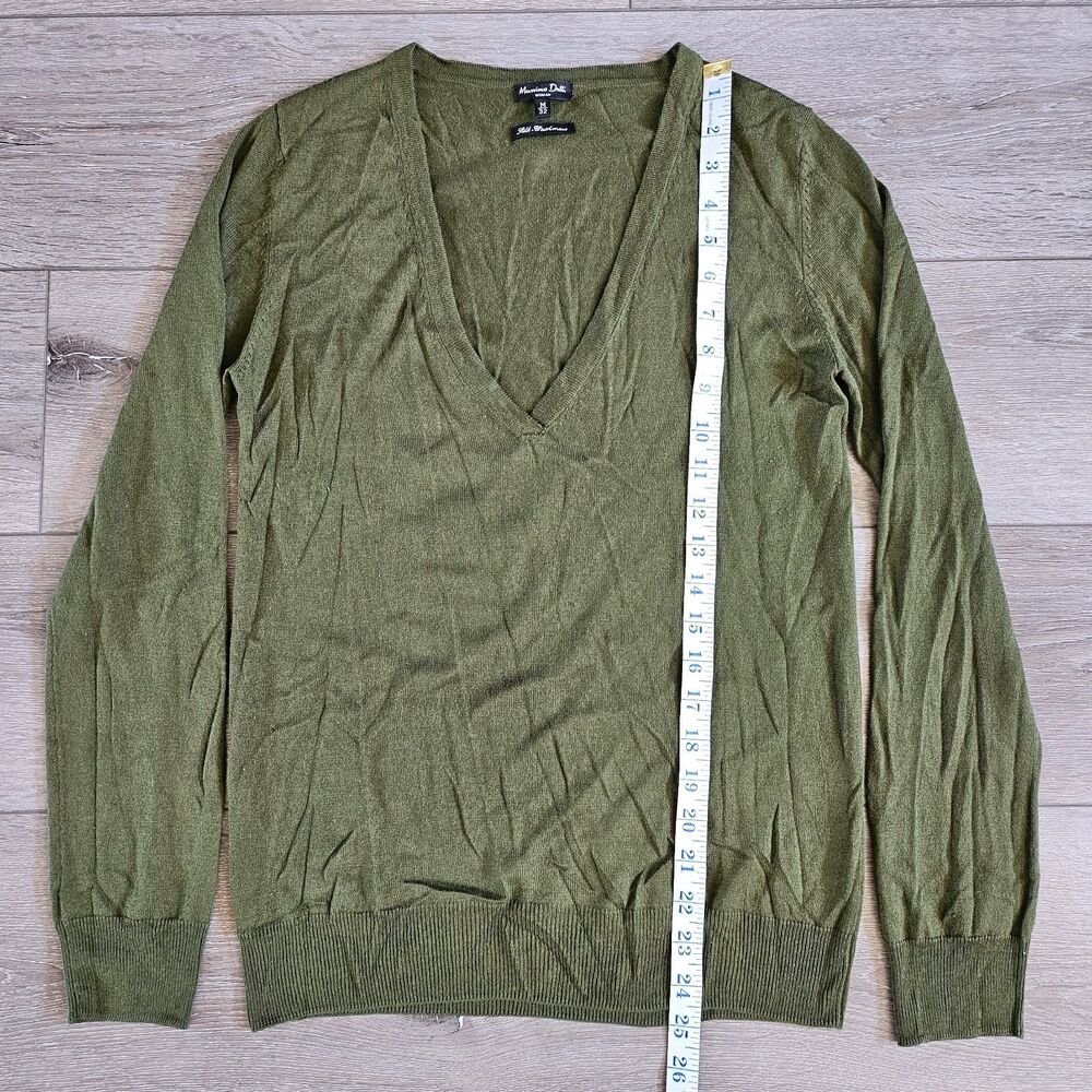 MASSIMO DUTTI Womens V-Neck Jumper Sweater M-32 Green Silk Cashmere Lightweight - Picture 2 of 8